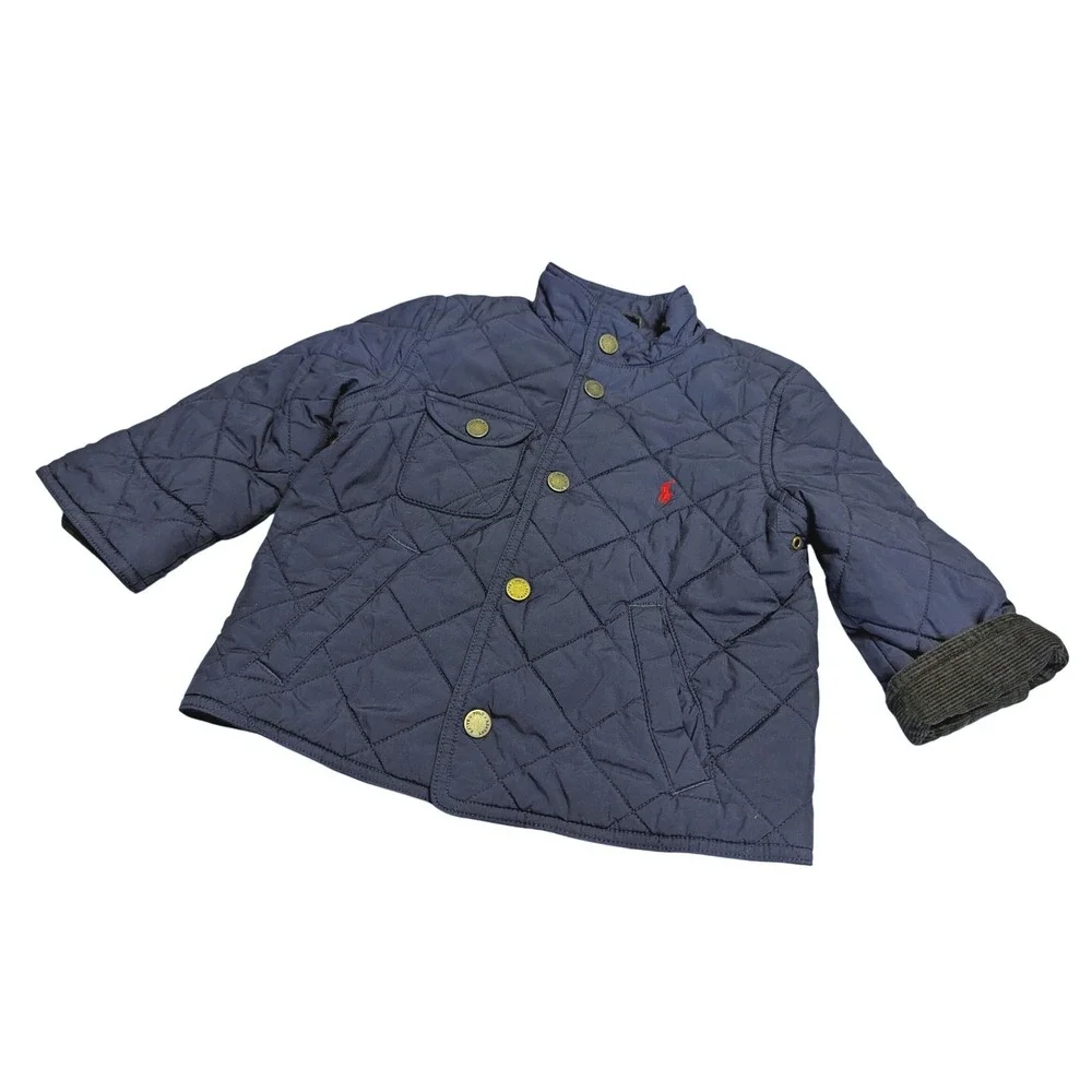Polo Ralph Lauren Kids Navy Blue Quilted Barn Jacket 2T Corduroy Trim Snap Front